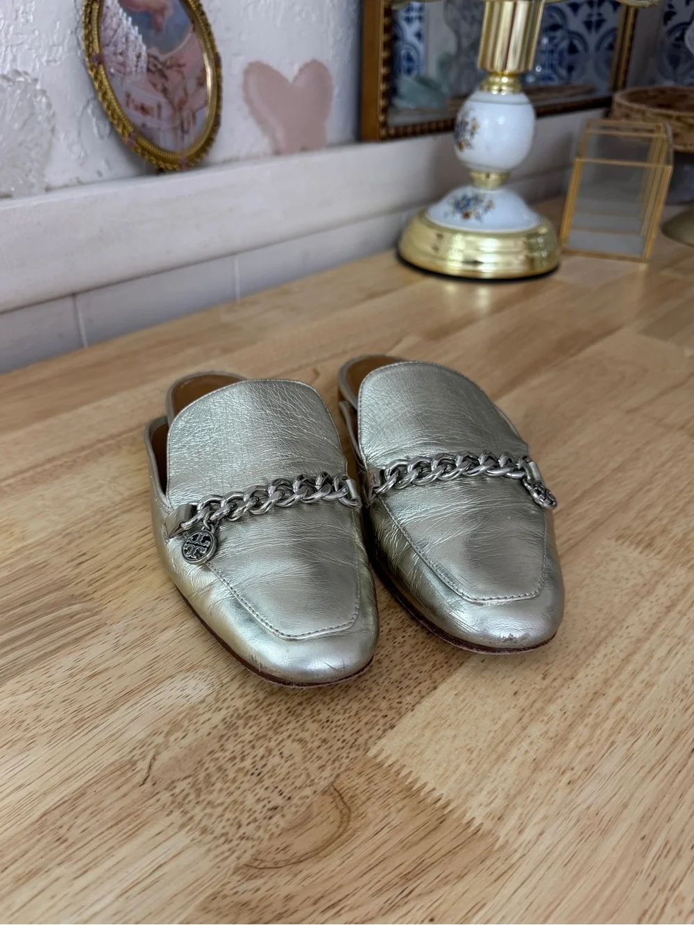 Tory Burch Metallic Silver Leather Chain Loafer Mules Size 7 Classic Minimalist